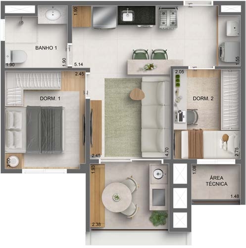 2 dorms (1 suíte)
